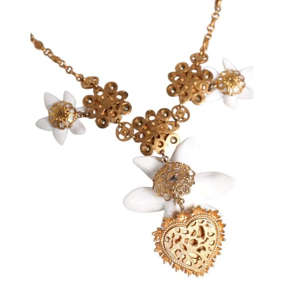 Dolce & Gabbana Gold Brass Lily Crystal Sacred Heart Pendant Women\'s Necklace